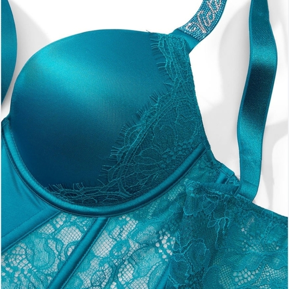 Victoria Secret Teal Lace Corset Bustier Push-Up Bra 38DD Very Sexy Shine Strap - Picture 2 of 14